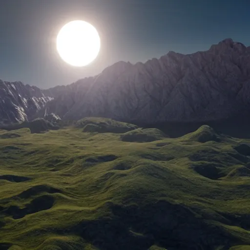 Image similar to solar eclipse above mountins, highly detailed, photorealistic portrait, bright studio setting, studio lighting, crisp quality and light reflections, unreal engine 5 quality render