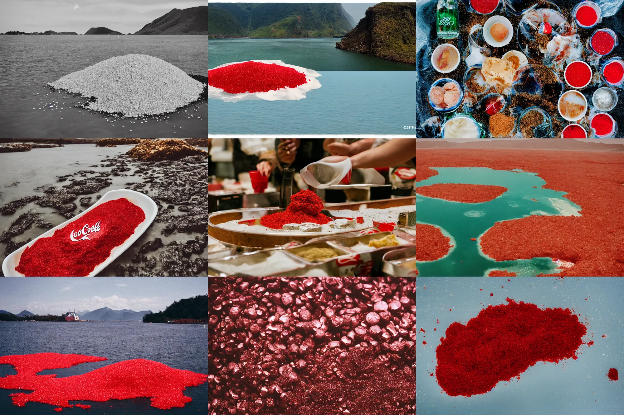 Prompt: an island made of food, water from coca - cola around the island, red caviar instead of sand, hills with ice cream instead of mountains, 3 5 mm, cinematic