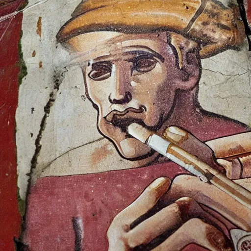 Image similar to fresco depicting Duke Nukem smoking a cigar found in a byzantine church dating back to the 12th century, intricate, highly detailed