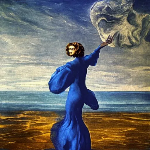 Prompt: Jessica Lange levitating over the sea. El Greco, Remedios Varo, Salvador Dali, Carl Gustav Carus, John Atkinson Grimshaw. Blue tint. Symetrical, logo, geometric shapes.