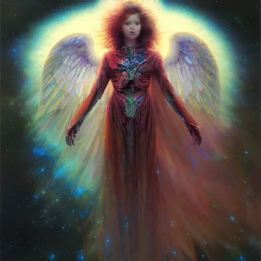 Prompt: UHD hyperrealistic photorealisitc, detailed cosmic robotic angel, with real wings, by Greg Rutkowski and Ayami Kojima, tonalism, rich deep colors masterpiece