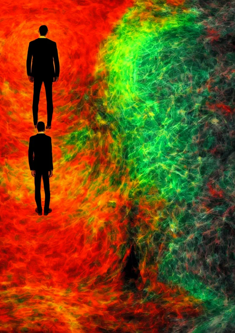 Prompt: Behind the troubled indecisive man was The portal into his imagination containing a swirling vortex of memories and ideas. High concept art. Introspective. Red orange yellow green themed.