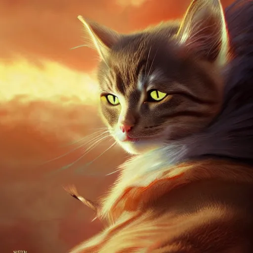 Image similar to cat - goku hybrid, genkidama, golden hour, fantasy, sharp focus, digital art, hyper realistic, 4 k, unreal engine, highly detailed, hd, dramatic lighting by brom, trending on artstation, new cats movie