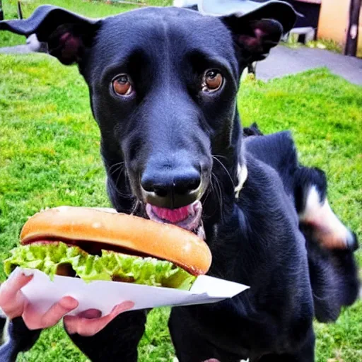 Prompt: dog eating burger, photo