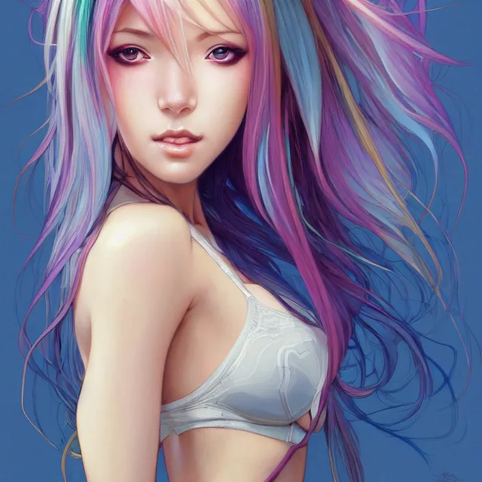 Prompt: portrait of beautiful symmetrical anime girl, rainbow hair, attractive, casual, modern, victoria's secret, highly detailed, digital painting, artstation, concept art, smooth, sharp focus, illustration, art by moebius artgerm, greg rutkowski and alphonse mucha, 8 k,