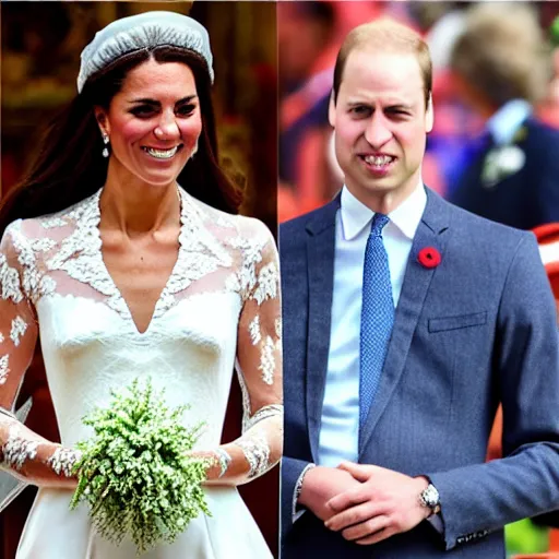 Image similar to photos of the duke of cambridge prince william marrying gary busey, happy couple, human faces, official photos, wedding photo, royal wedding, photos trending on twitter, trending photo on instagram