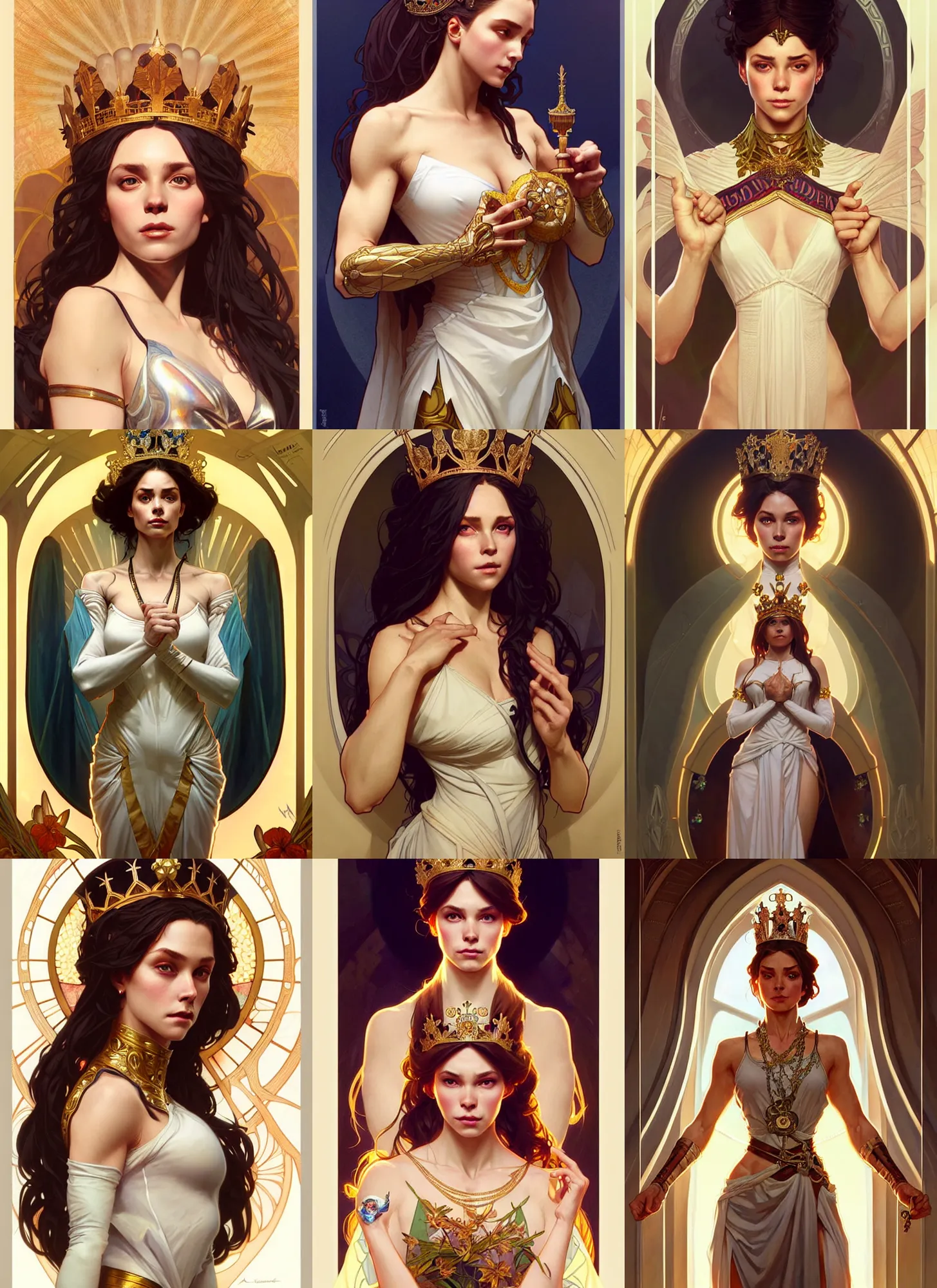 Prompt: lenapaul as queen, incredibly detailed face, light half opened dress, true anatomy, symmetry, true anatomy, art by artgerm and greg rutkowski and alphonse mucha