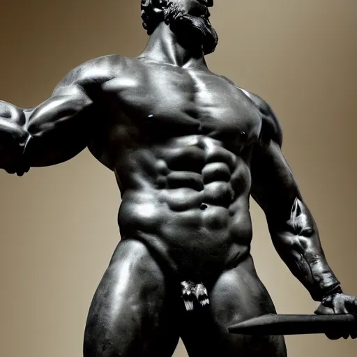 Prompt: a realistic greek black marble statue of hercules as zeus wearing a armour and brandishing a spear, waist up view, displayed in a museum art gallery, moody, dramatic lighting, dark, photorealistic, cinematic scene, super detailed, hyper realistic, bright lights, 8 k