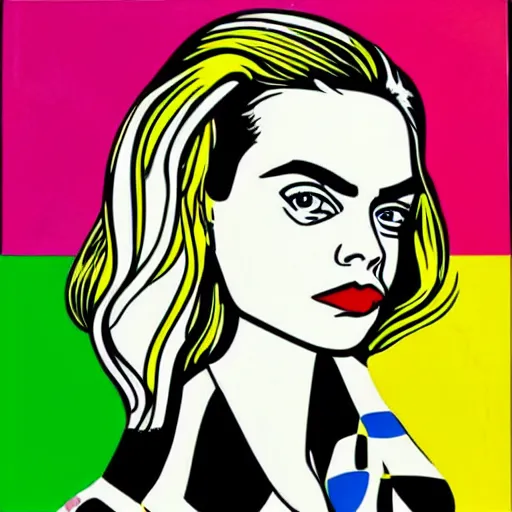 Image similar to pop art portrait of cara delevingne by roy lichtenstein and warhol