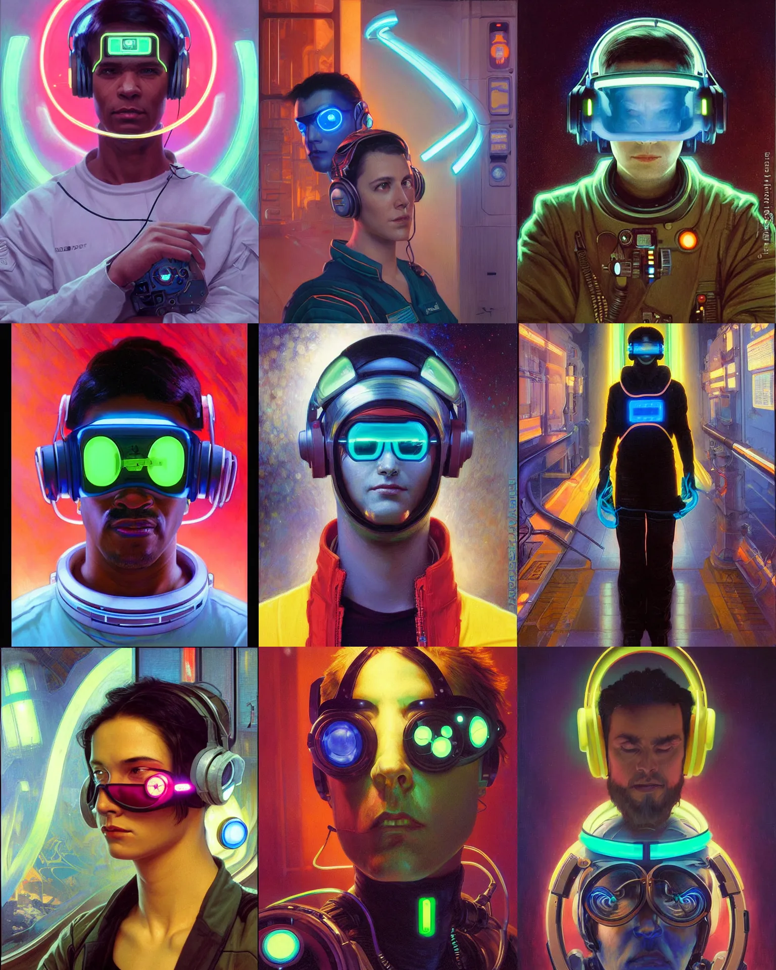 Prompt: neon cyberpunk programmer with glowing geordi visor over eyes and sleek headphones headshot avatar painting by donato giancola, rhads, loish, alphonse mucha, mead schaeffer astronaut fashion photography
