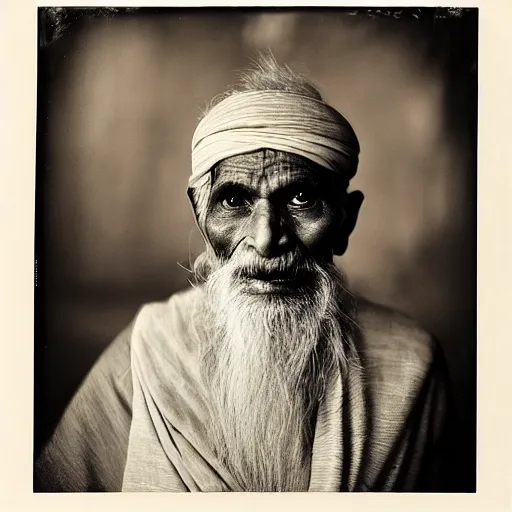 Image similar to photo, portrait of 100 year old Indian holy man by richard avedon, realistic, Leica, medium format, cinematic lighting, wet plate photography, parallax, high resolution,