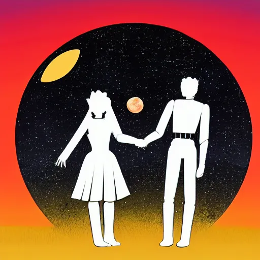 Prompt: illustration of two androids holding hands on a summit, standing, looking out toward a full moon on a starry night, beautiful, in the style of hirohiko araki