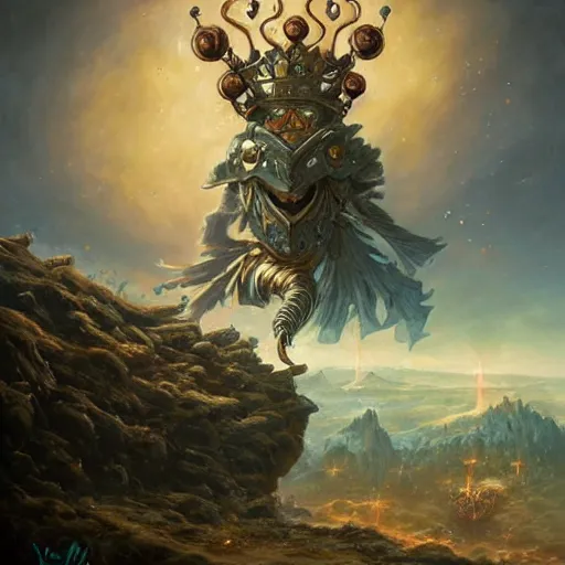 Prompt: a scene of a armored humanoid potato wearing a king crown, on mediaval battlefield, golden sword, by peter mohrbacher - 9