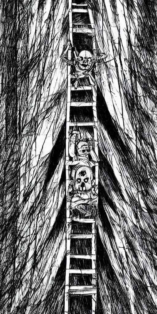 Image similar to A ladder from top to bottom, horror, creepy, dark, manga, pencil, inspired by junji ito, superior quality, masterpiece