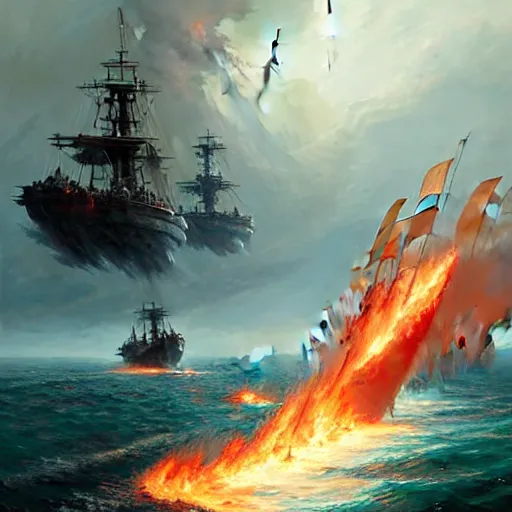 Prompt: A sea battle, burning ships, fantasy art, art by greg rutkowski, highly detailed