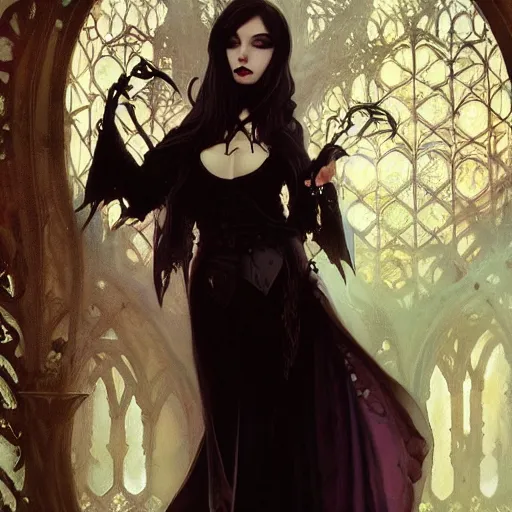 Prompt: gothic vampire girl by Stanley Artgerm Lau, greg rutkowski, thomas kindkade, alphonse mucha, loish, norman Rockwel