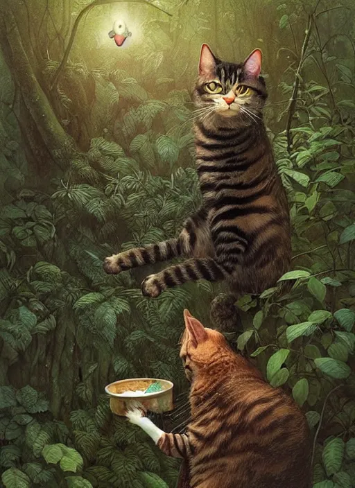 Image similar to a hyper realistic illustrated cat with playing with a bird in the woods gorgeous lighting, lush forest foliage painting by chiara bautista and beksinski and norman rockwell and greg rutkowski weta studio, and lucasfilm