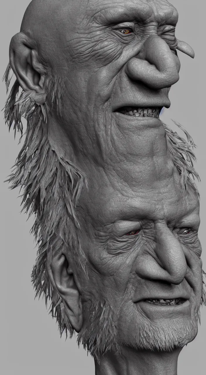 Prompt: A highly detailed portrait 3D render of a craggly old man, wise, gaunt, ancient. Smiling. ZBrush, Blender. Trending on cgsociety. Dramatic lighting. Beautiful. By Mark Mann and Jimmy Nelson.