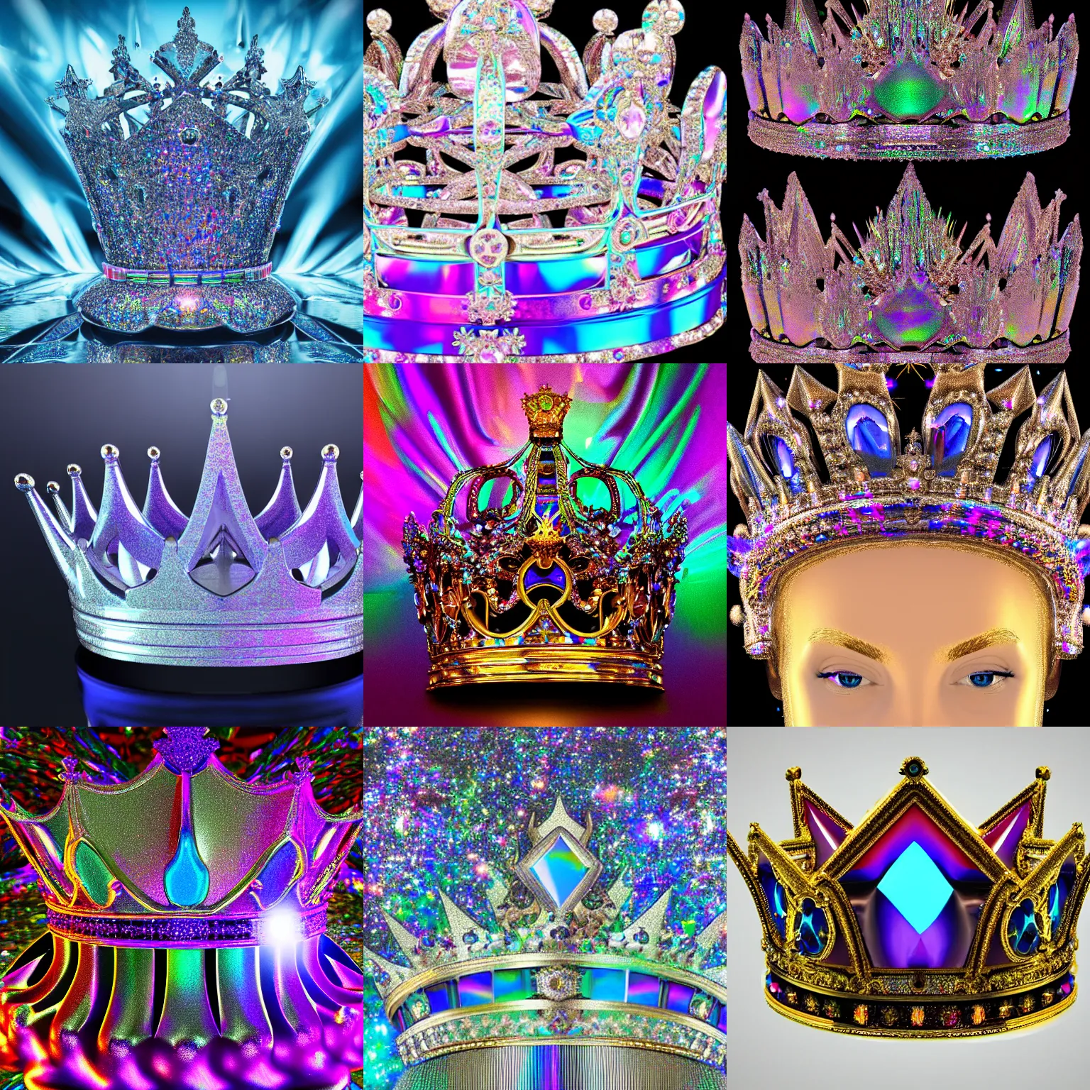 Prompt: Crown of the technological gods containing shimmering iridescent crystals, photographic award winning beautiful render