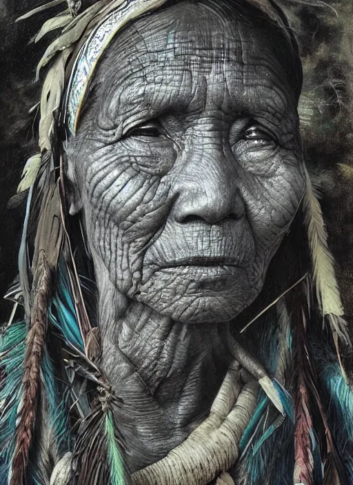 Image similar to a beautiful painting portrait of a very old indigenous grand-mother in the amazon jungle, matte painting, fantasy art, ayahuasca, highly detailed