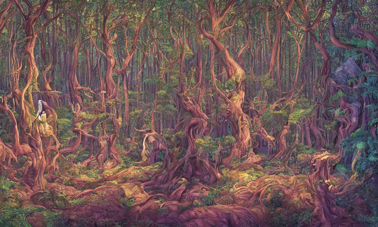 Image similar to mystical forest, illustration painting, oil on canvas, intricate, hd, digital art, overdetailed art, complementing colors, detailed, illustration painting by alex gray, digital art, moebius