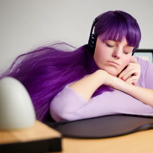 Prompt: beautiful purple - haired female sleeping at computer, wearing headphones, snoring