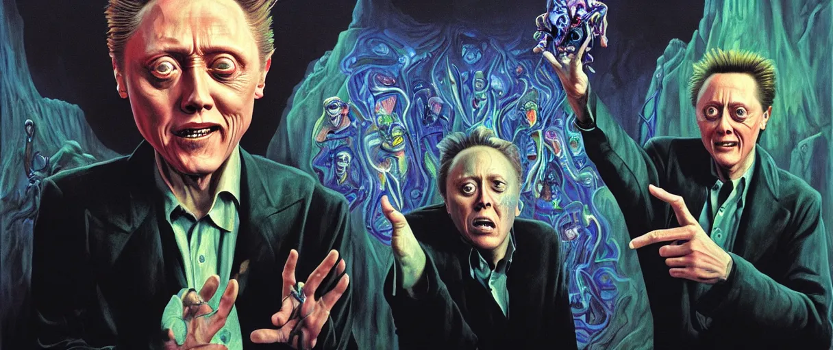 Image similar to neo-surrealist painting of young christopher walken pointing and laughing at me concept art wayne barlowe hannah yata very dramatic lighting 8k wide angle shallow depth of field