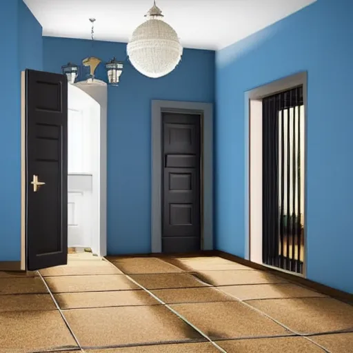 Image similar to dark nostalgic empty house with stairs in the middle and doors on either side, one door is closed and the door on the right is open to a blue bathroom, tan carpet