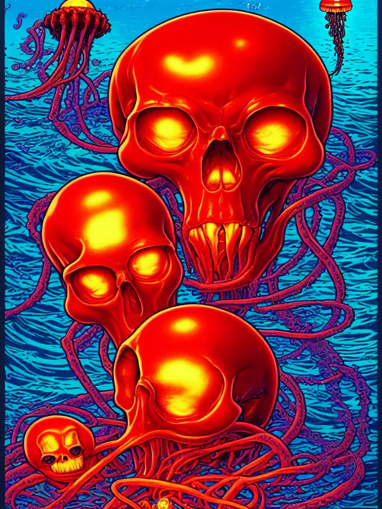 Prompt: a glowing red skull in the sea held by a jellyfish by josan gonzalez and dan mumford and greg hildebrandt and donato giancola and raymond swanland and ross tran and chiho aoshima, highly detailed, high contrast, pop art, comic shading, intricate details, blended palette