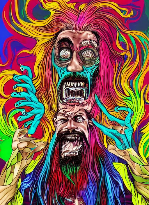 Image similar to a crazy man with long multi colored hair and a pointy beard smiling and making strange gestures as his face melts and inside his face are various psychedelic rebel monsters, psychedelic surreal cosmic bizarre horror