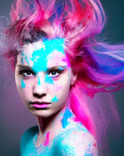 Image similar to a dramatic lighting photo of a beautiful young woman with cotton candy hair. paint splashes. with a little bit of cyan and pink