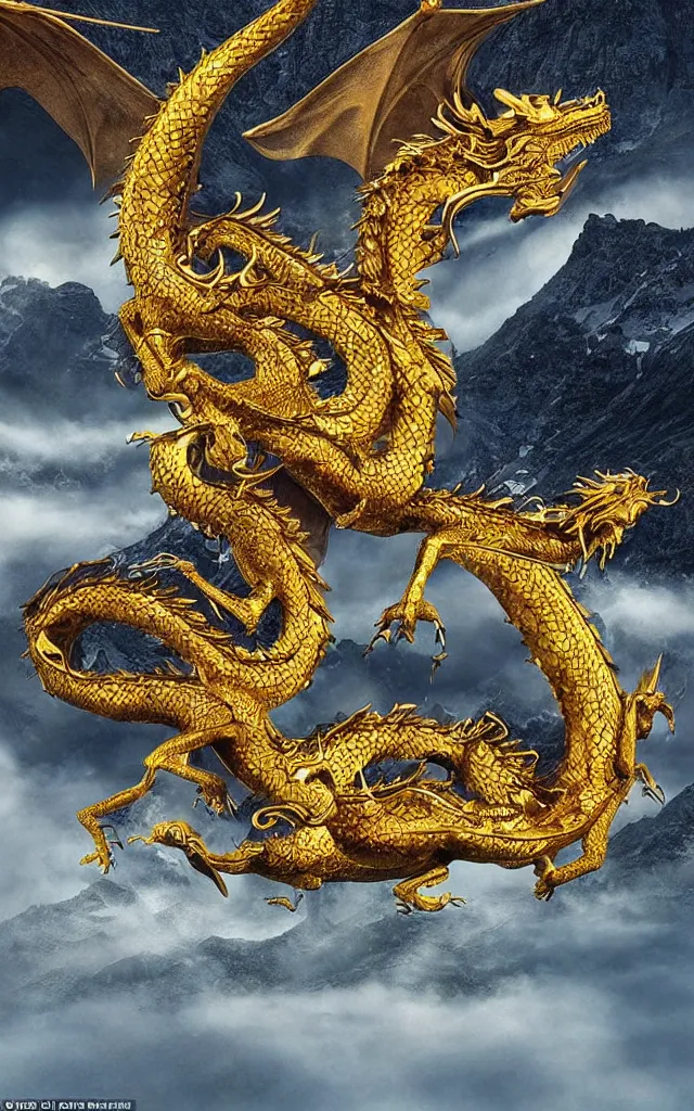 Image similar to a true photographic landscape and an unrivalled reality ， depicting a golden dragon