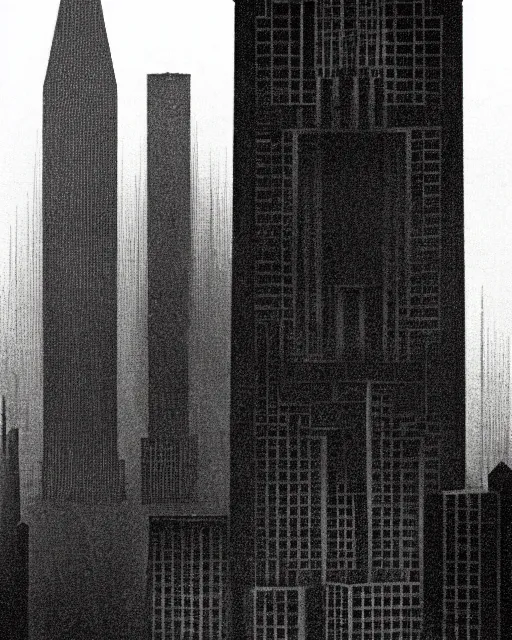 Prompt: image in the style of Hugh Ferriss. Black and dark grey. Tall, wide, imposing building in a dramatically lit metropolis. eerie. incomprehensible size.