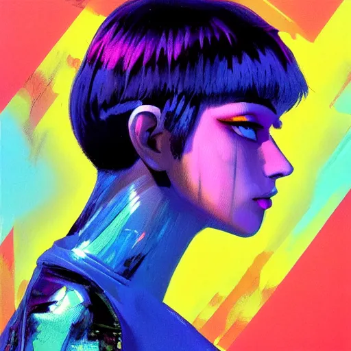 Image similar to hologram punk woman is interested, with cute - fine - face, pretty face, oil slick hair, realistic shaded perfect face, extremely fine details, by realistic shaded lighting, dynamic background, poster by ilya kuvshinov katsuhiro otomo, magali villeneuve, artgerm, jeremy lipkin and michael garmash and rob rey, and silvain sarrailh