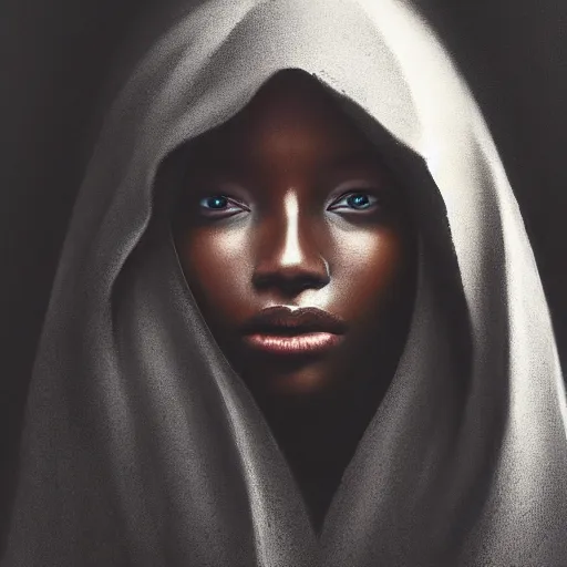 Image similar to a portrait of a young black woman wearing a long dark cloak, hood and shadows covering face, anatomically correct, beautiful perfect face, enigmatic, oil painting, matte painting, black background, Volumetric dynamic lighting, Highly Detailed, Cinematic Lighting, Unreal Engine, 8k, HD, by Beksinski