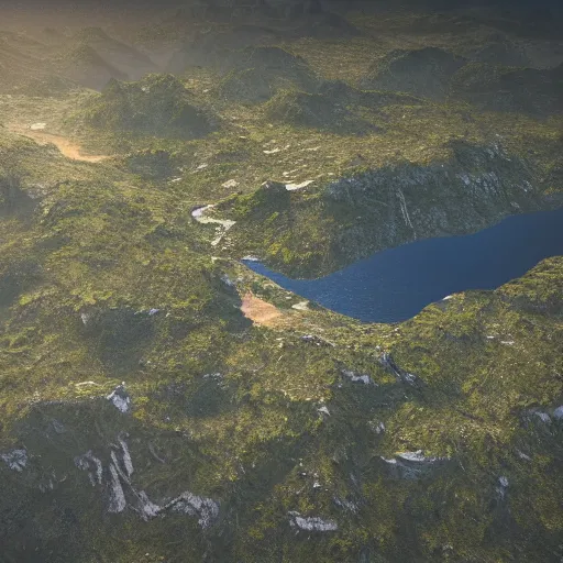 Image similar to majestic landscape, realistic, atmospheric, tilt shift, aerial photo, 8 k, octane render, unreal engine