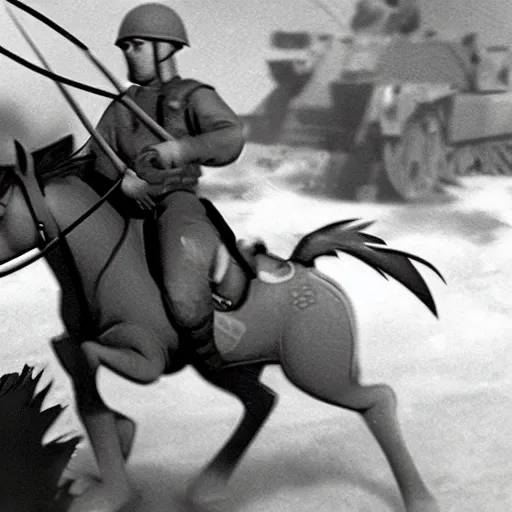 Image similar to My Little Pony in World War 2 battlefield footage taken on old camera