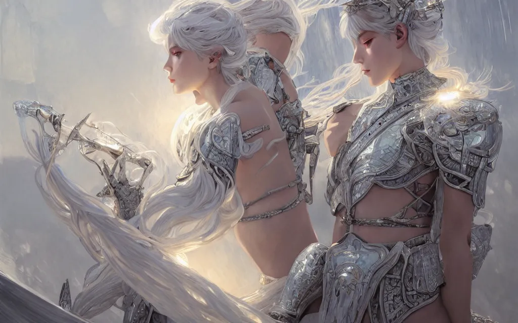 Image similar to white hair knights of zodiac girl, sliver ice color reflected armor, bushido fighting in ruined agora of athens sunrise, ssci - fi and fantasy, intricate and very very beautiful and elegant, highly detailed, digital painting, artstation, concept art, smooth and sharp focus, illustration, art by tian zi and wlop and alphonse mucha