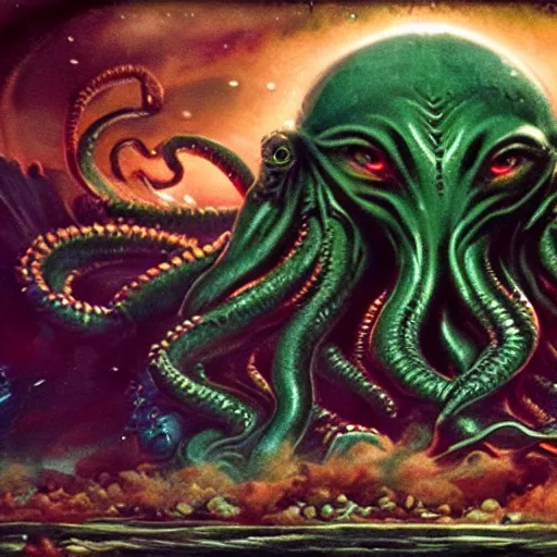 Prompt: beautiful cinematic scene of Cthulhu the cosmic god consuming the fearful people