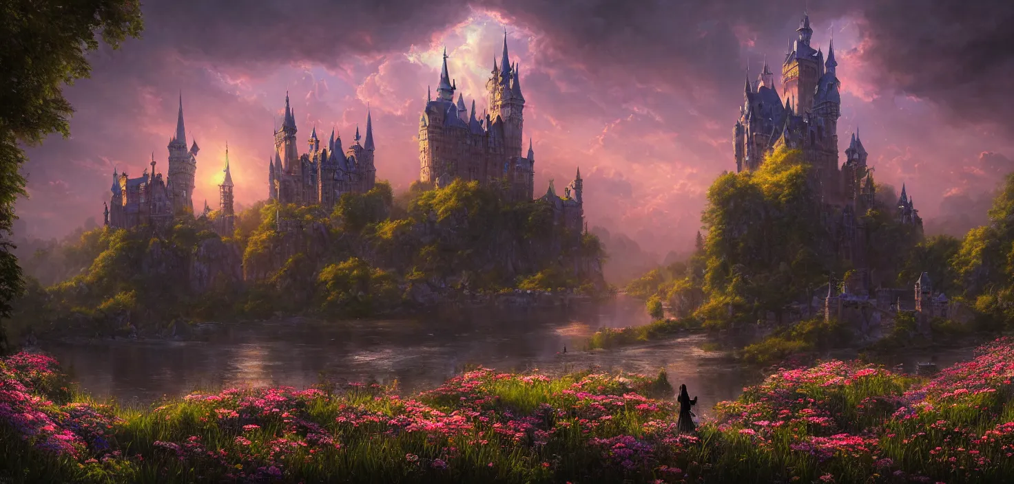 Prompt: fabulous gothic castle surrounded by flowers, a castle by the river in the evening twilight, cinematic view, epic sky, detailed, concept art, low angle, high detail, warm lighting, volumetric, godrays, vivid, beautiful, trending on artstation, by jordan grimmer, huge scene, grass, art greg rutkowski