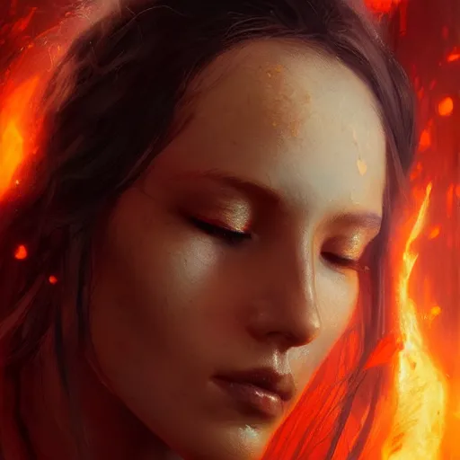 Image similar to a beautiful portrait of a fire goddess with closed eyes by greg rutkowski and raymond swanland, trending on artstation, flaming background, ultra realistic digital art