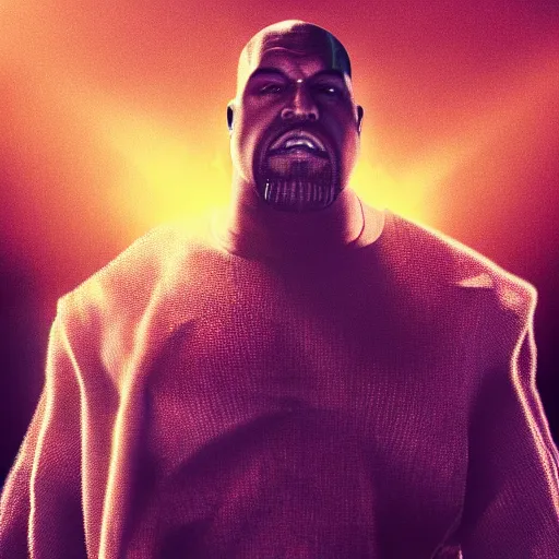 Image similar to Portrait of Kanye West as thanos, splash art, movie still, cinematic lighting, dramatic, octane render, long lens, shallow depth of field, bokeh, anamorphic lens flare, 8k, hyper detailed, 35mm film grain