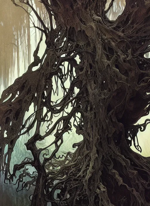 Image similar to close up portrait of a monster tree in the scary mountains of hell, oil painting by tomasz jedruszek and alphonse mucha, cinematic lighting, pen and ink, intricate line, hd, 4 k, million of likes, trending on artstation