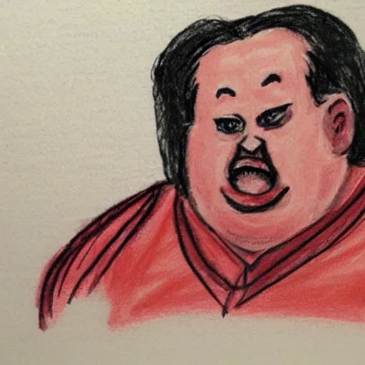 Prompt: courtroom sketch of the mcdonald ’ s character grimace sitting in the witness stand looking fearful