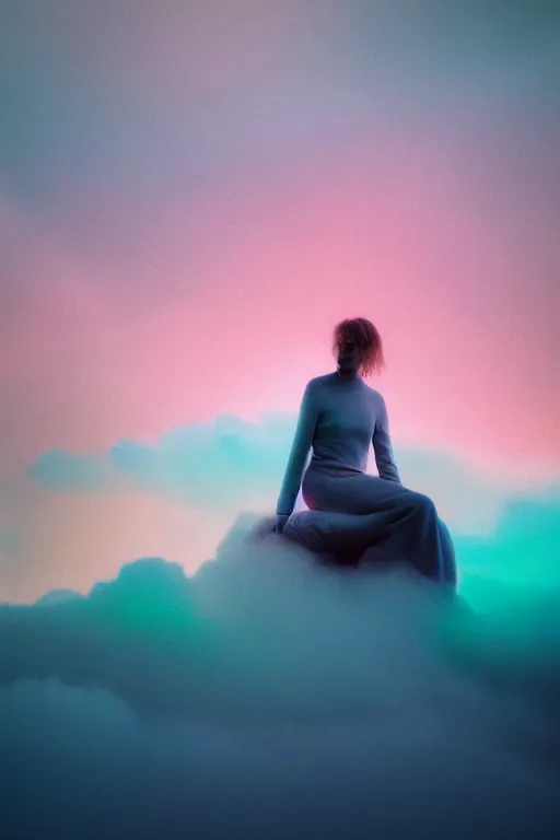 Image similar to high quality pastel coloured film close up wide angle photograph of a model wearing clothing resting on cloud furniture in a icelandic black rock environment in a partially haze filled dreamstate world. three point light, rainbow. photographic production. art directed. pastel colours. volumetric clouds. pastel gradient overlay. waves glitch artefacts. extreme facial clarity. 8 k. filmic.