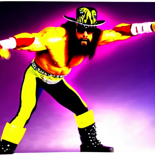 Image similar to Macho Man Randy Savage performing elbow drop from space. Wide angle. Low perspective. High Quality, 4k