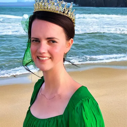 Image similar to A photo of a young woman standing on a beach wearing a green dress and a crown