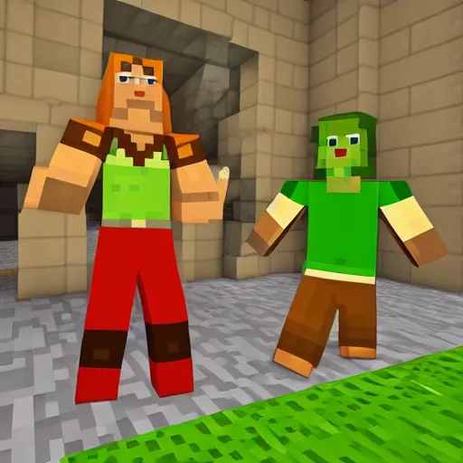 Image similar to scooby doo in minecraft with shrek fight, high detailed, artstation trend