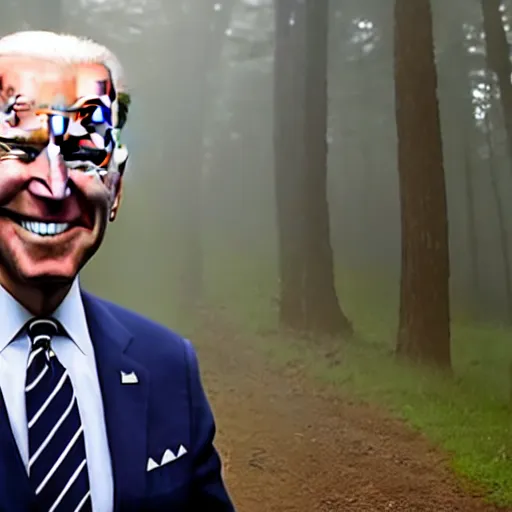 Prompt: joe biden standing ominously far in the foggy woods with a demonic wide smile in his face in the new horror movie, creepy