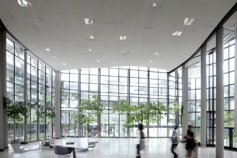 Prompt: a beautiful office building lobby with sleek modern design by SOM with large windows